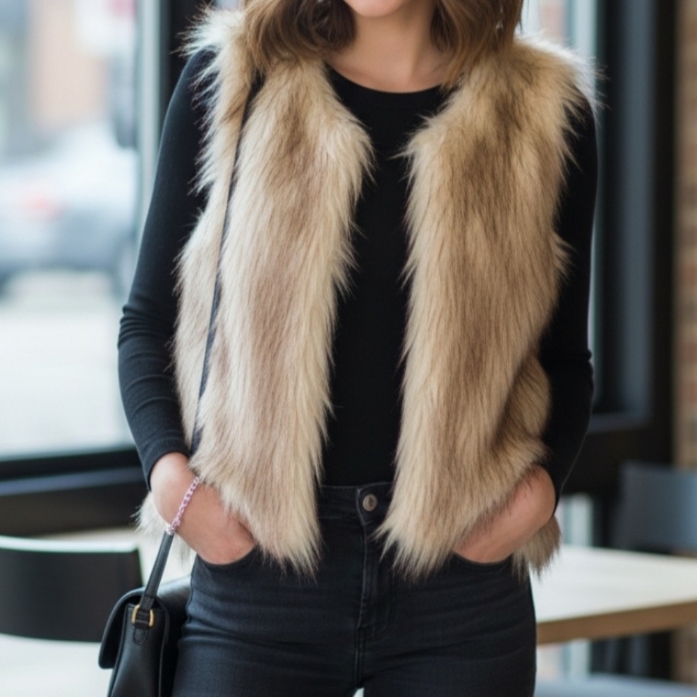 Weekend Love Faux Fur Vest in Tan and Cream Size M Nwt
